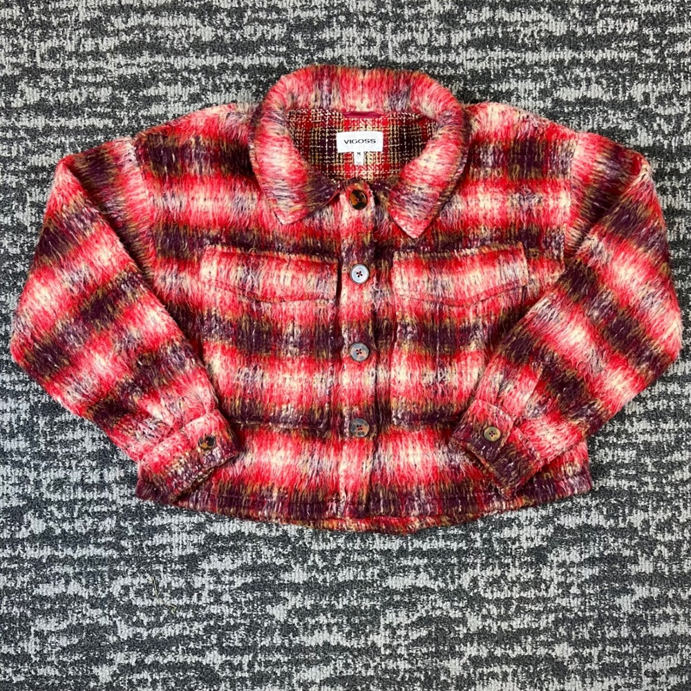 Vigoss Shacket Jacket Womens M Red Plaid Fuzzy Cropped Button Front Collared
